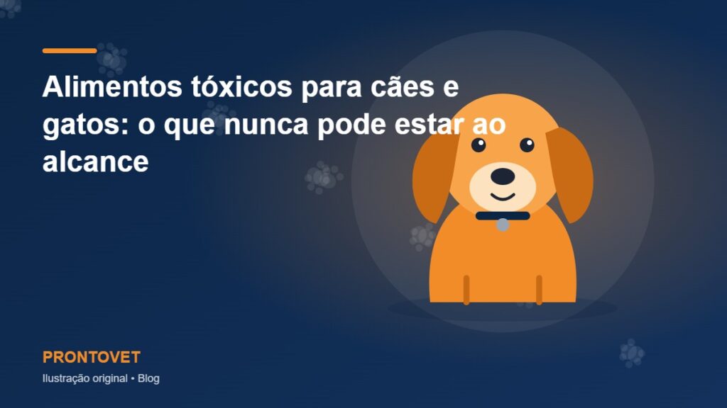 Ilustração original com cão estilizado e o título do artigo: Alimentos tóxicos para cães e gatos: o que nunca pode estar ao alcance
